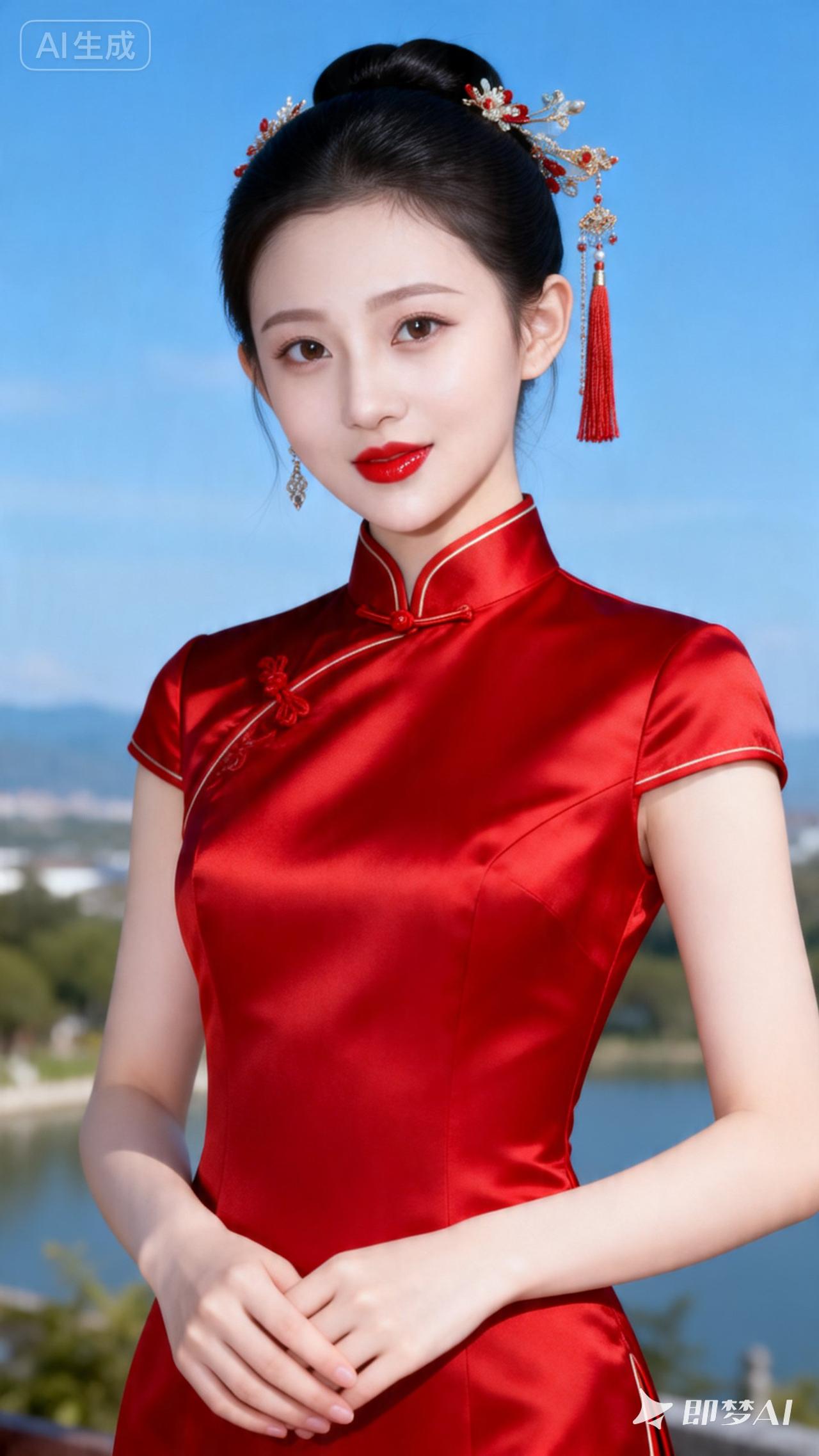 惊艳的东方美人，红衣华服，古典优雅！