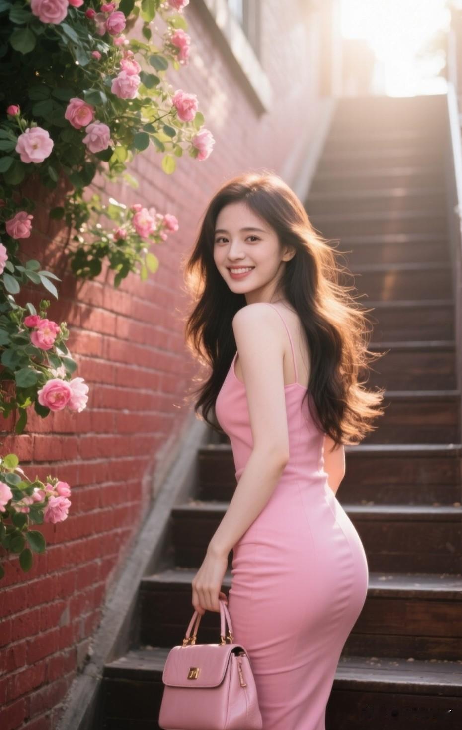 她穿着粉色裙子上楼梯，笑容灿烂。