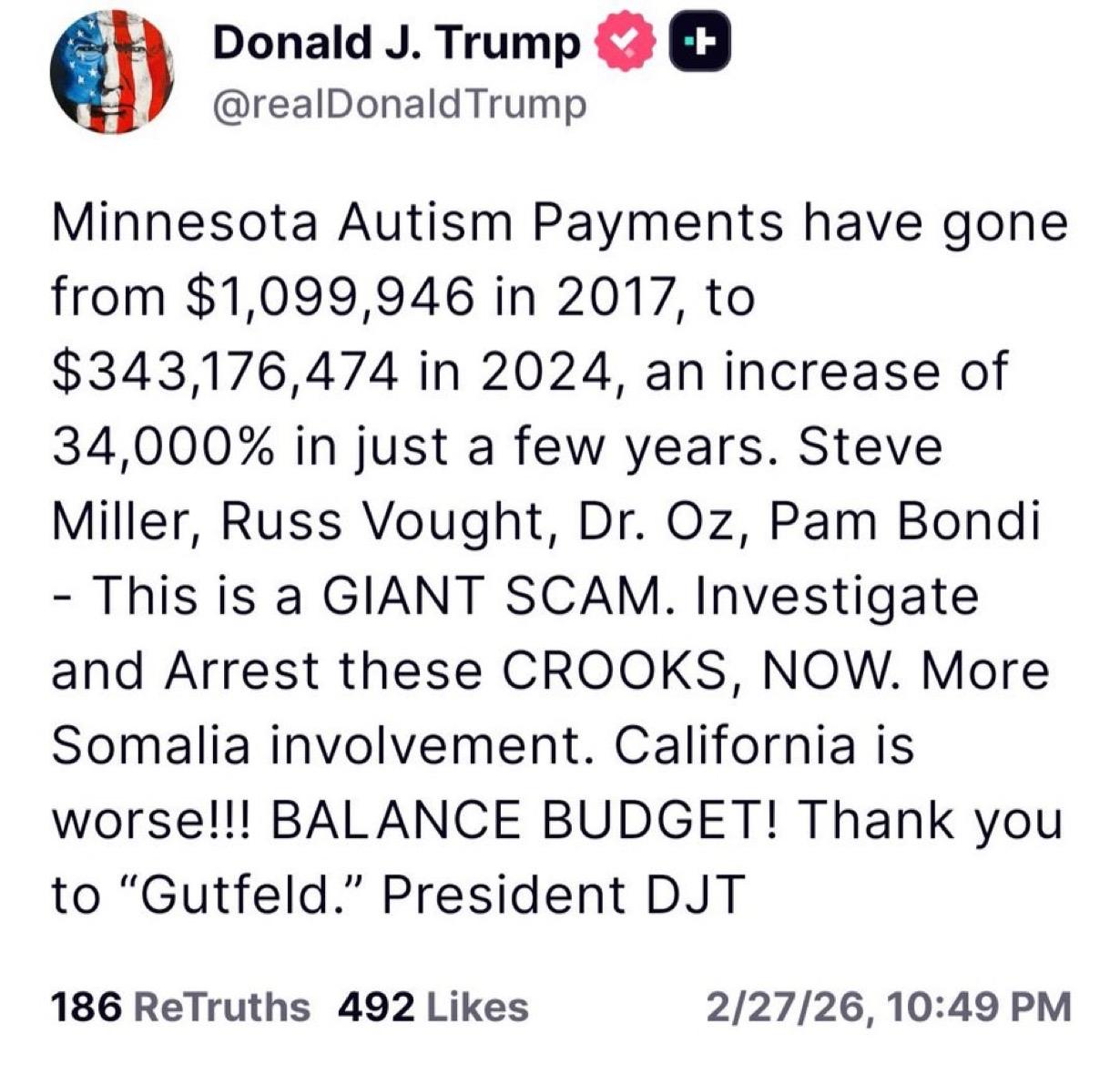 特朗普：“明尼苏达州自闭症补助金已从 2017年的1,099,946美元增至20