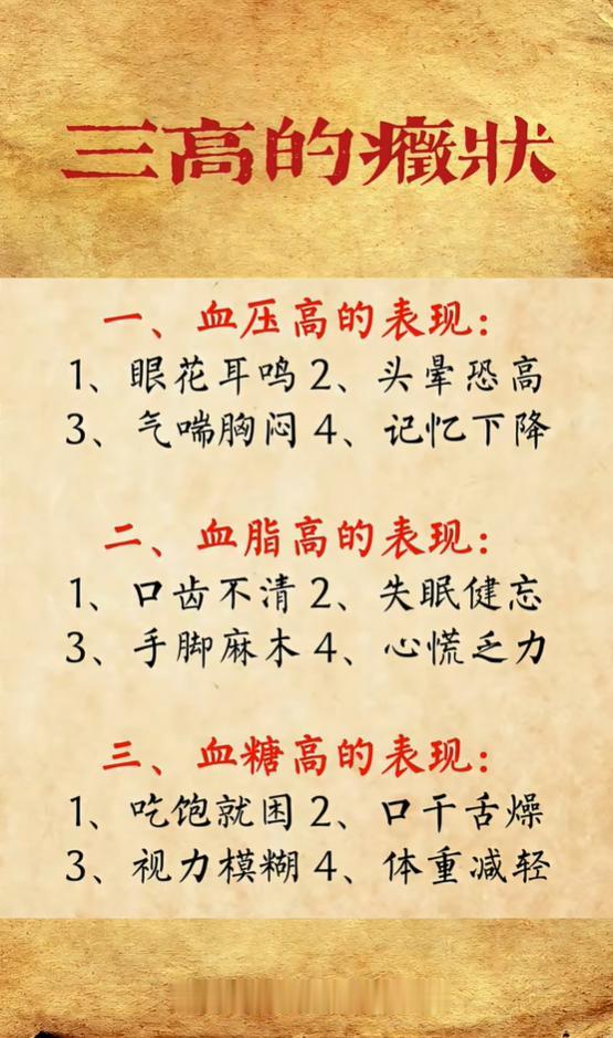 三高早期信号对照表：血压、血脂、血糖升高，分别会出现哪些表现