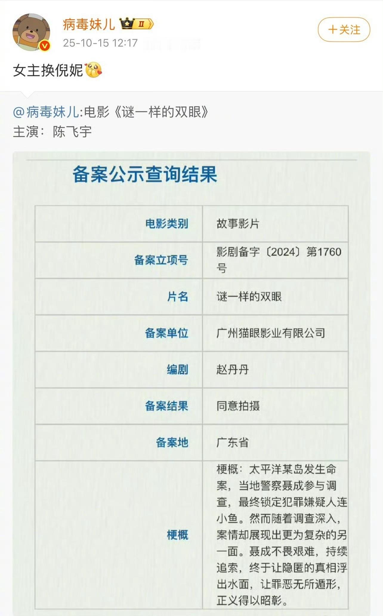 电影《谜一样的双眼》主演倪妮、陈飞宇 ​​​