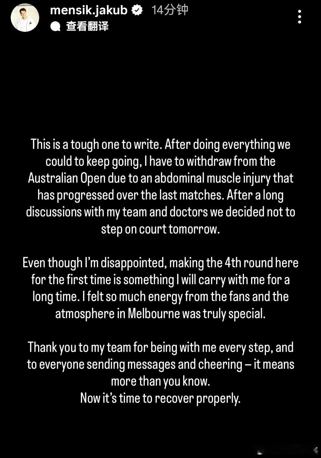 门希克澳网因伤退赛 🎾德约科维奇收退赛礼晋级澳网八强澳网八强再添巨头！门希克带