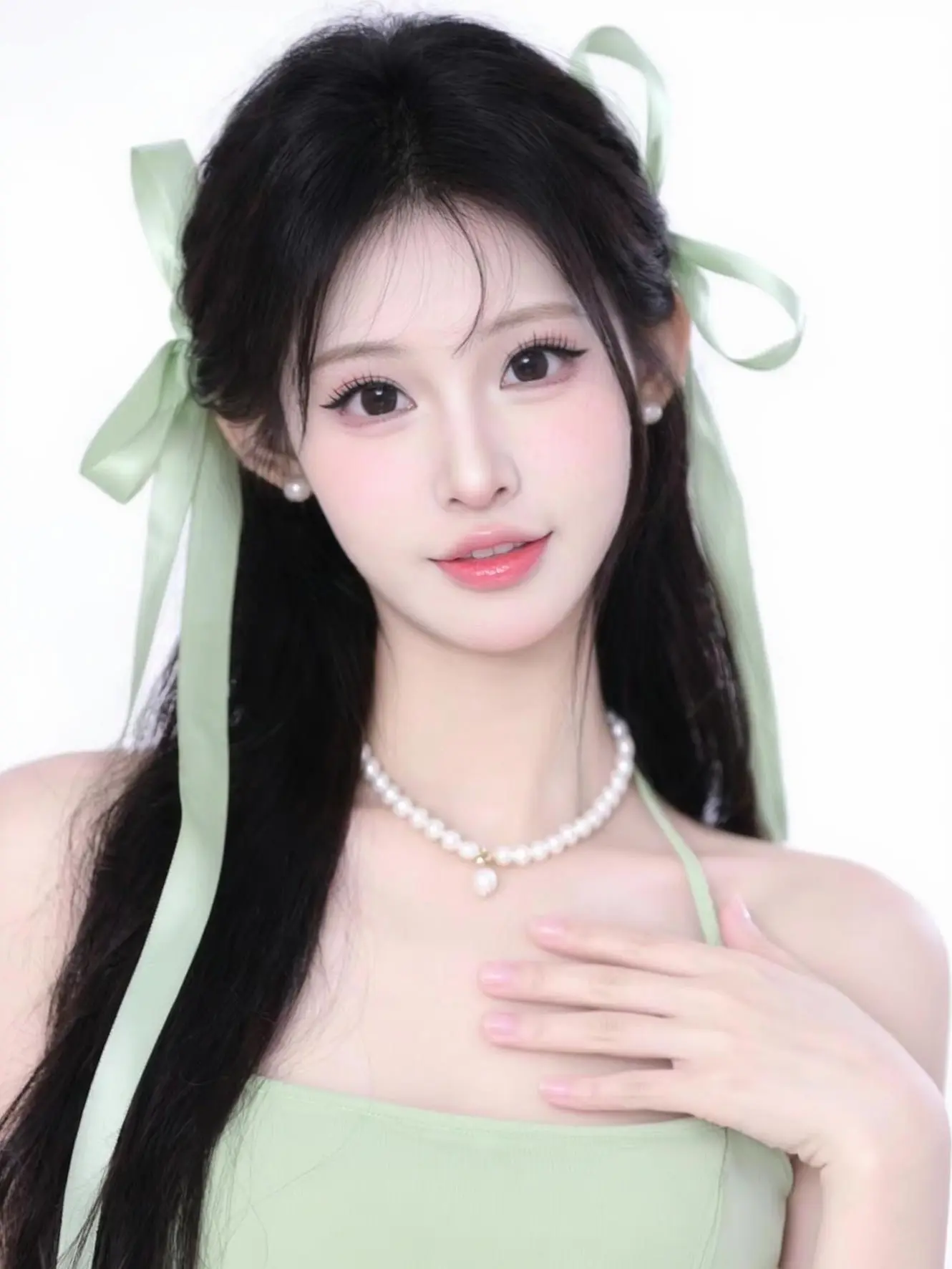 绿绸发饰照 ai创作 丝带少女照 柔纱绿饰写真 p图