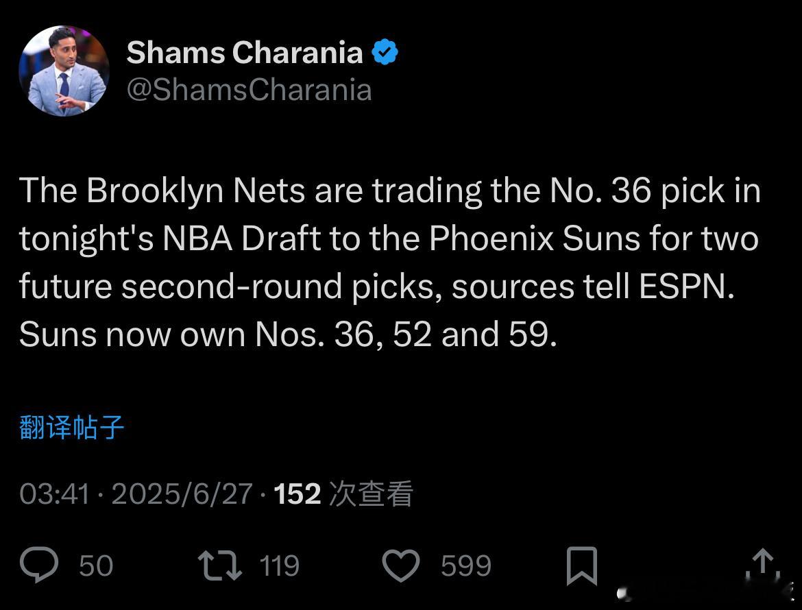 Shams：篮网将用第36顺位与太阳交换两个未来的次轮签太阳目前拥有第36、52