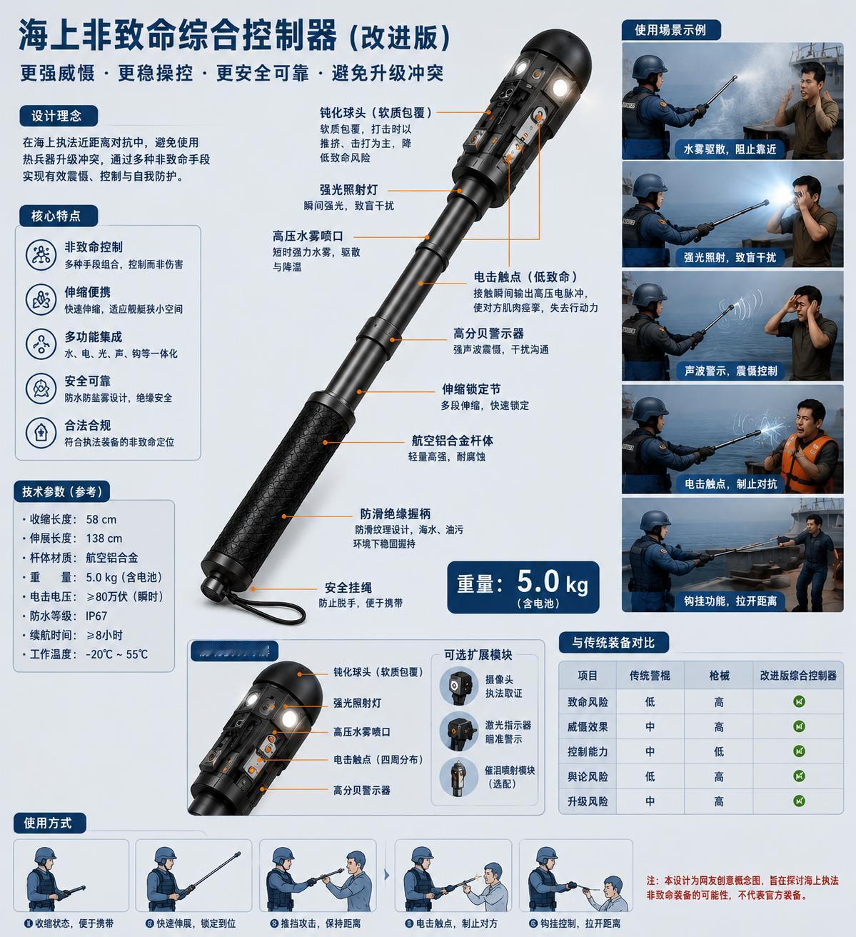 网友@大堡礁石画了一个海警海上执法棒的草案，个人认为核心想法很聪明：

“不要制
