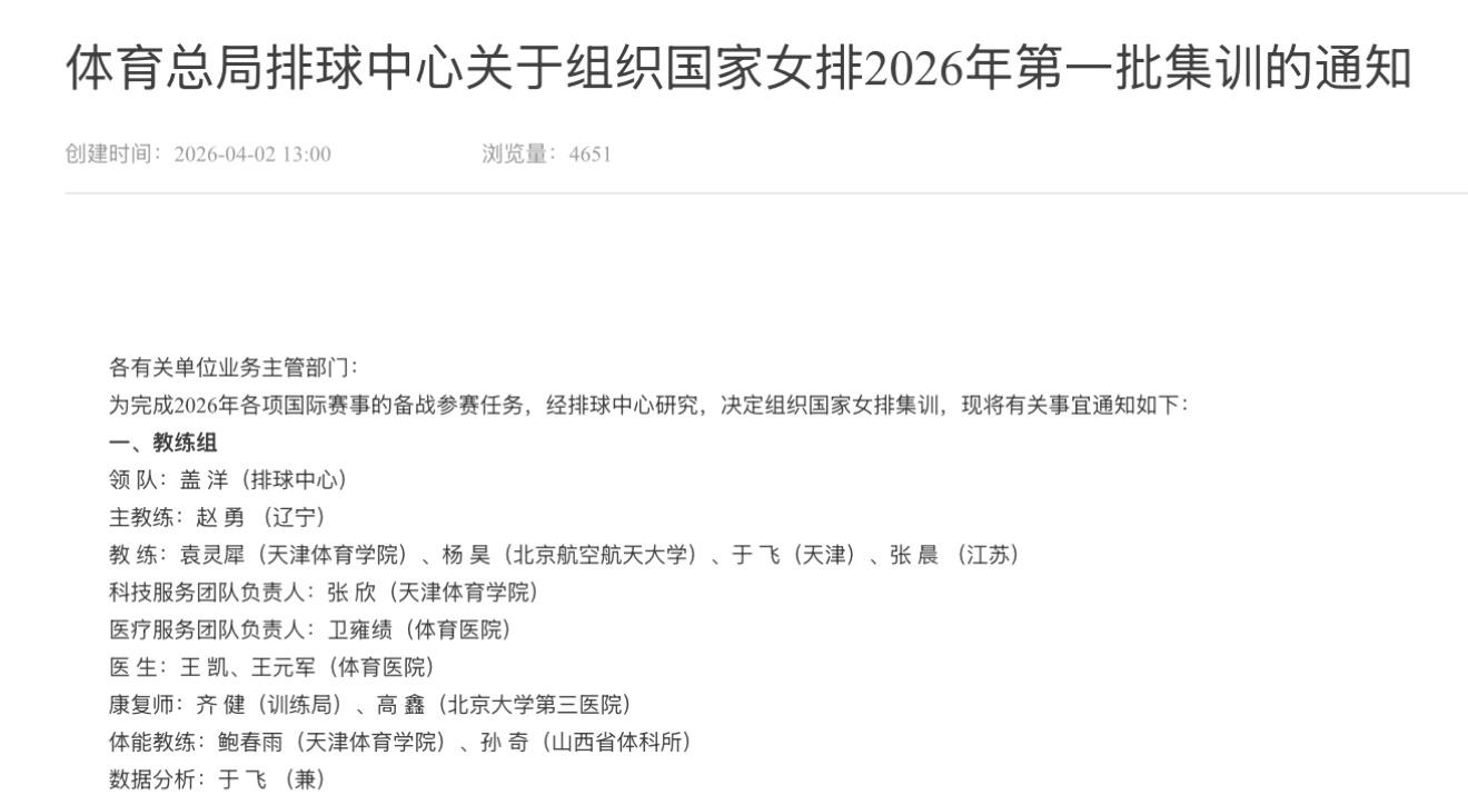 查了下今年中国女排的医疗服务和体能康复团队。医疗服务团队负责人：卫雍绩（体育医院