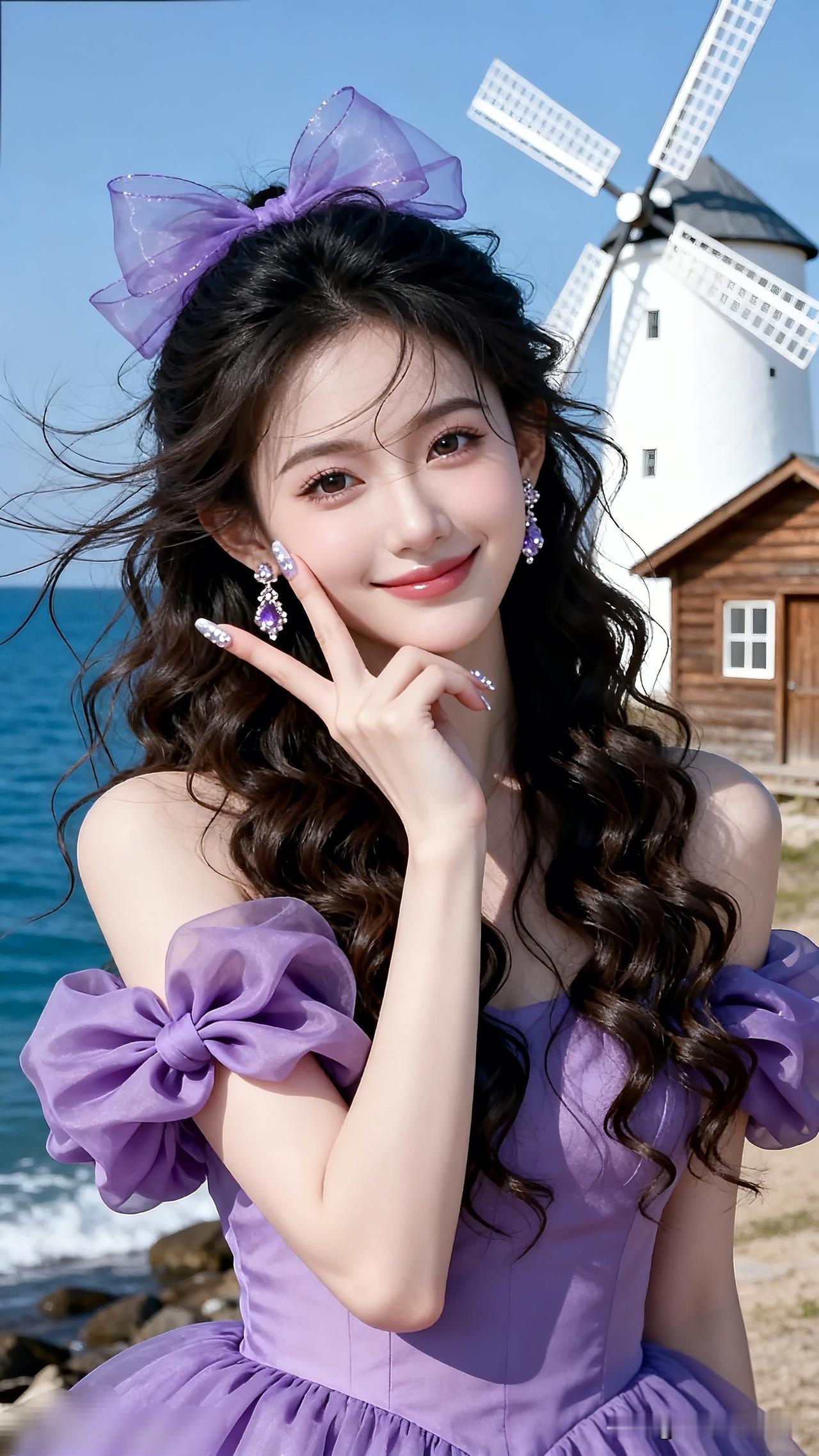 海边风车下的梦幻少女，紫色蝴蝶结与裙摆相映成趣，甜美又浪漫！