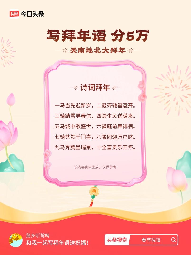 写拜年语送祝福新春拜年送祝福！我的祝福是：“一马当先迎新岁，二骏齐驰福运开。三骑