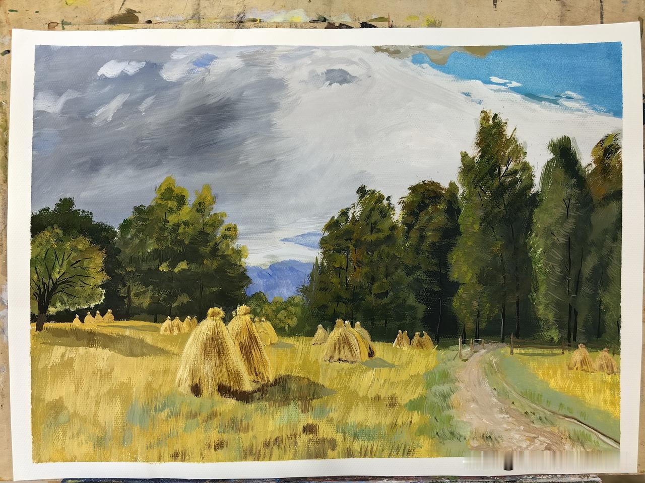 完成第三幅水粉画（第一张图），第二张图是去年画的油画，观感是不是有点像。[呲牙]