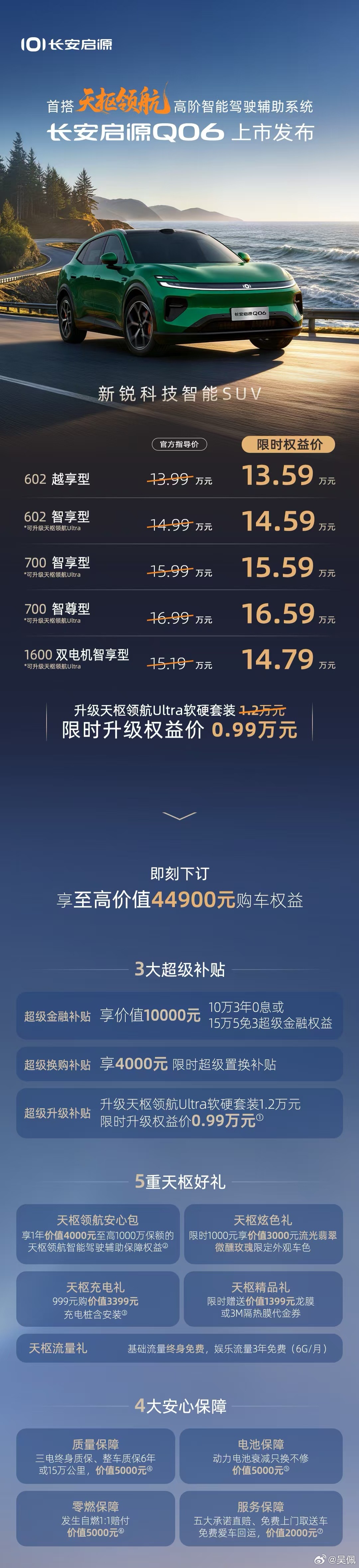 长安启源Q06正式上市了，权益价13.59万-16.59万。最大亮点在于选装一套