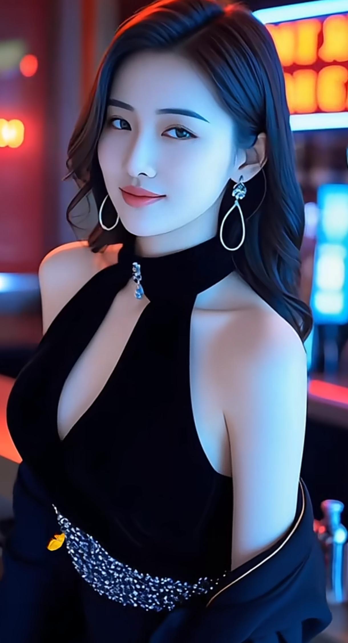 夜晚酒吧里的优雅美人，黑色礼服与闪亮耳环相得益彰，散发着迷人的魅力。清新美丽的照