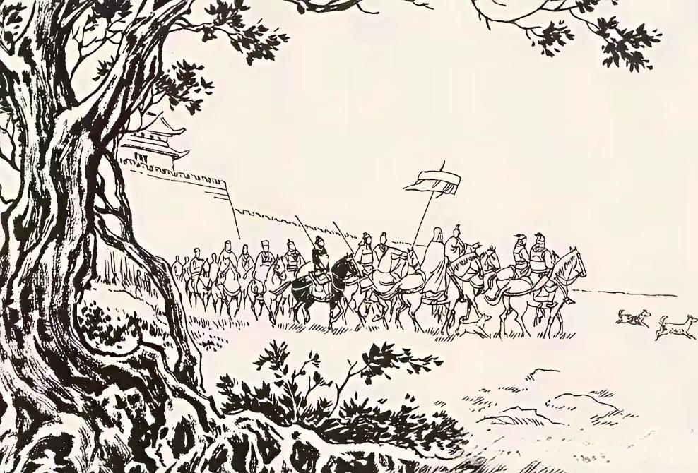 他们出门要去做什么。此图中一队人马浩浩荡荡出得城门，队中人物众多，有文...