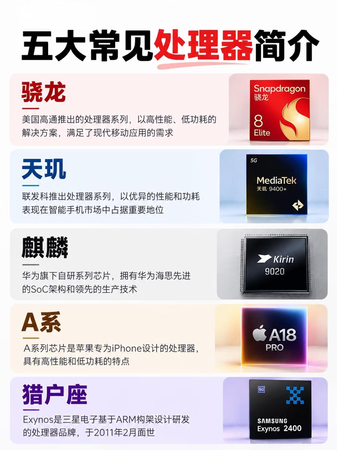 📱 一图看懂五大主流处理器：买手机前必读指南

面对琳琅满目的手机参数，你是否
