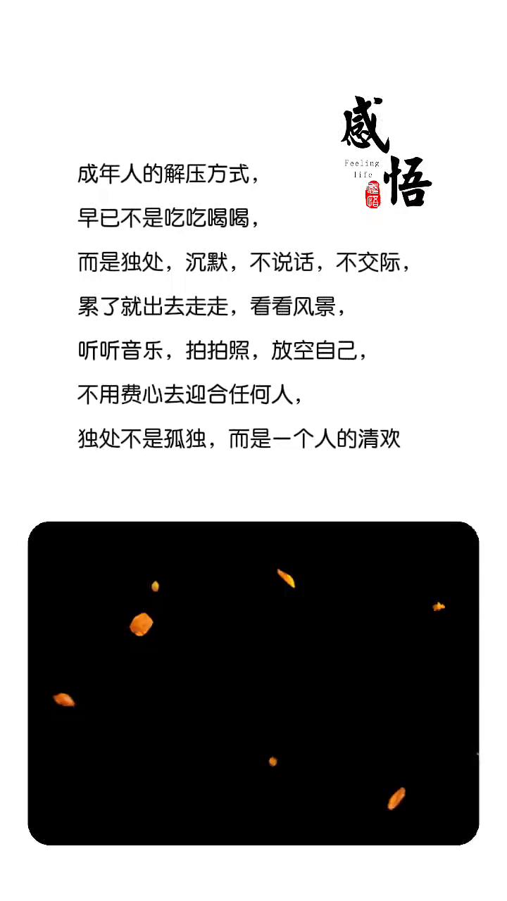 感悟。
成年人的解压方式早已不是吃吃喝喝，而是独处、沉默、不说话、不交际。累了就
