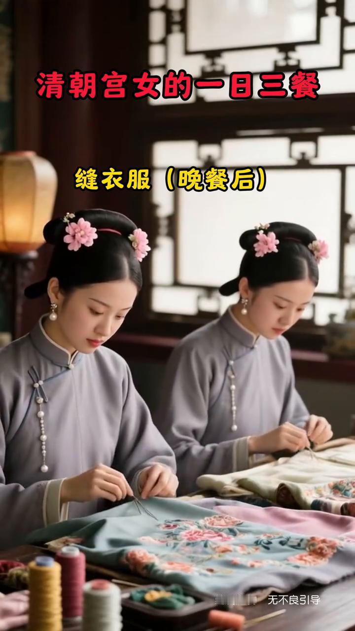 清朝宫女的一日三餐。
·卯时(5-7点)早膳：主食：小米粥、杂根馒头！配菜：清炒