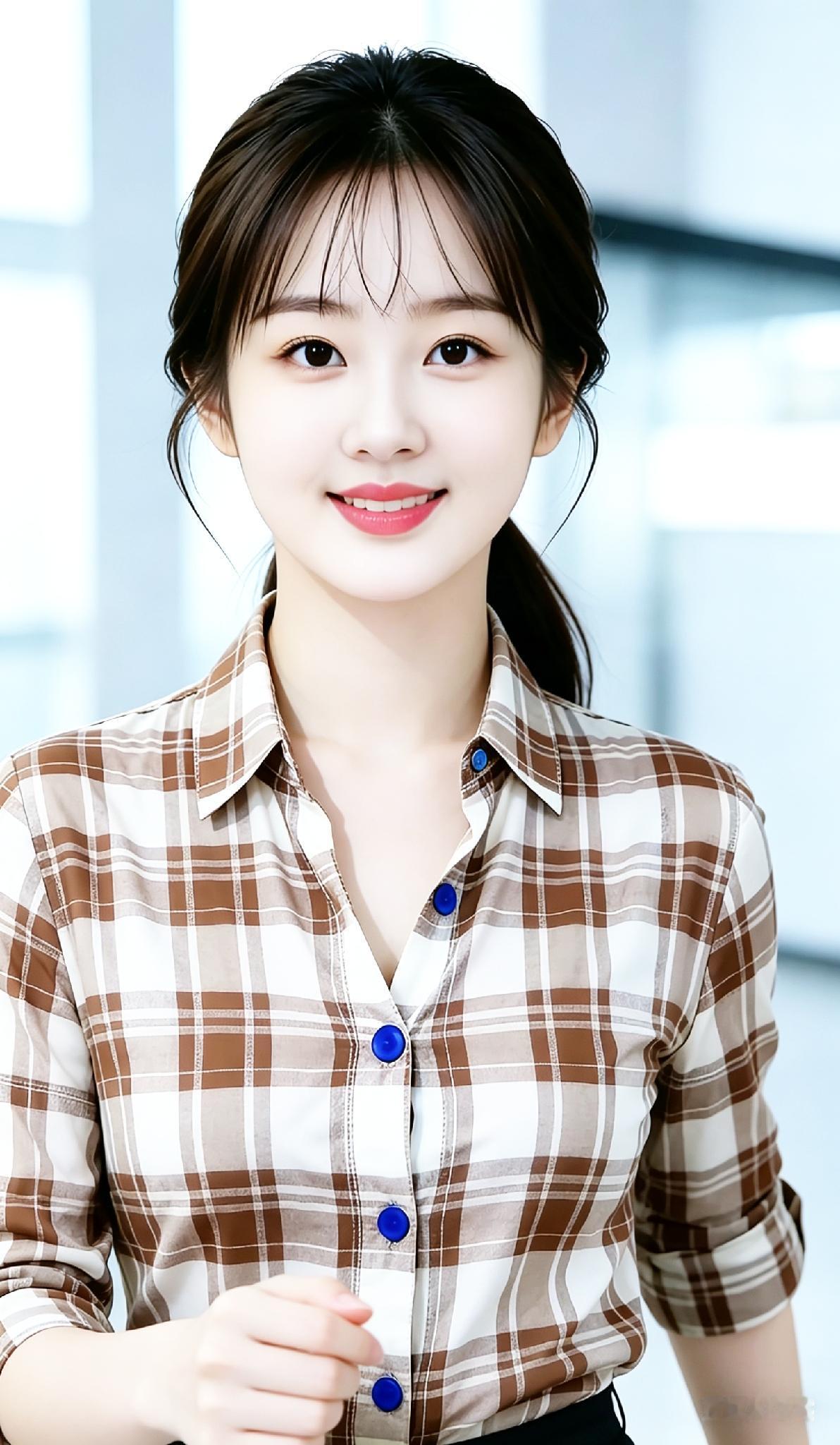 这位小姐姐笑容甜美，穿着格子衬衫。