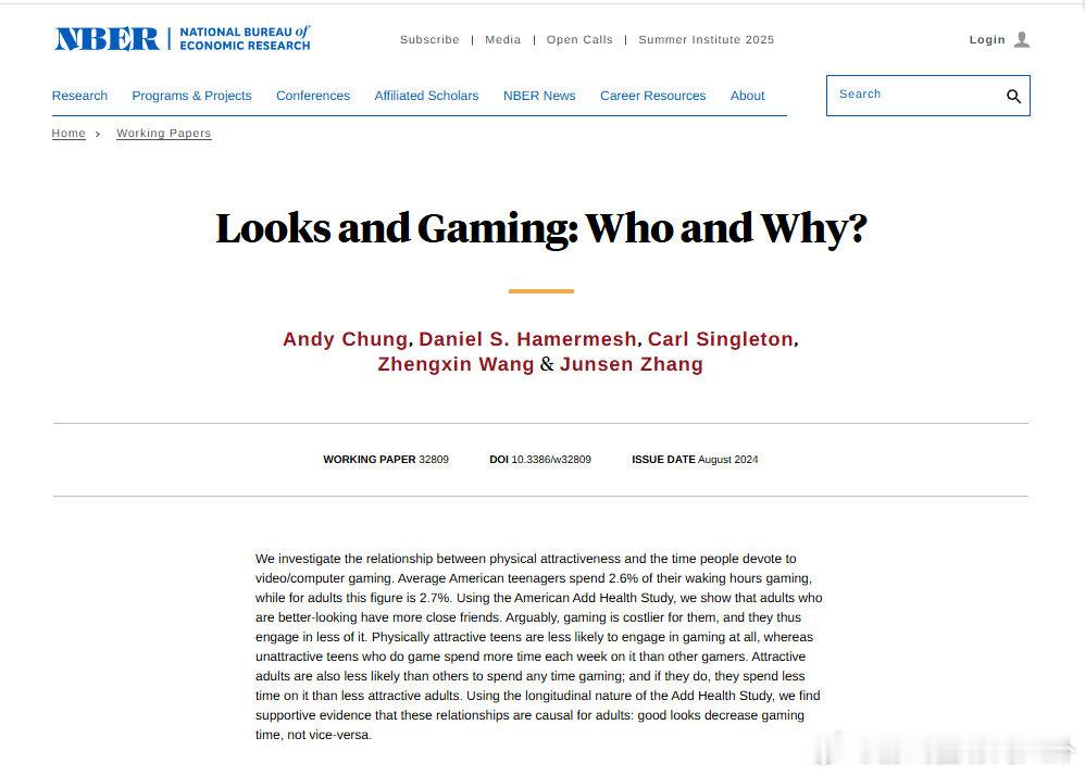 美国全国经济研究所（NBER）2024年论文《外貌与游戏：谁以及为什么？》得出结