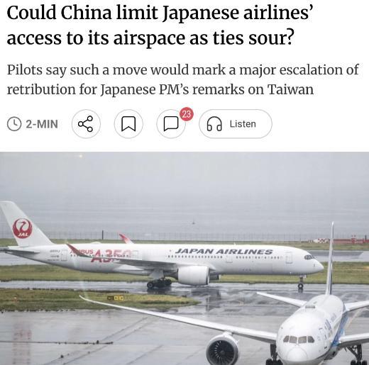 外媒：中日航空博弈摩擦，中国或限制日本航空公司过境中国领空的可能性，中日关系持续