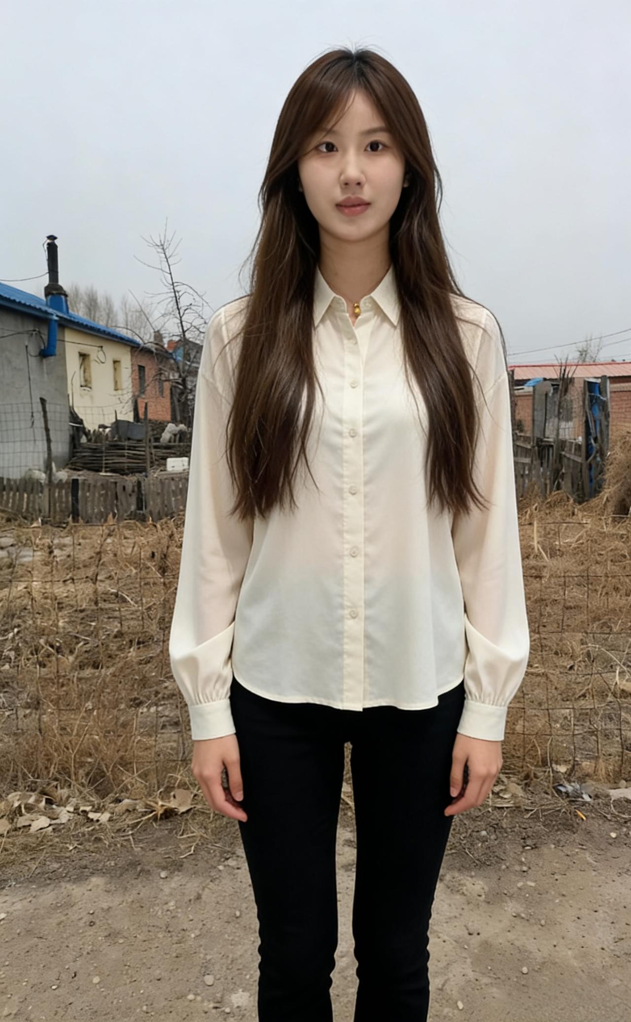 白衫雅致衬清颜，乡野清风绕鬓边。
淡扫蛾眉灵秀在，天然风韵亦超然。