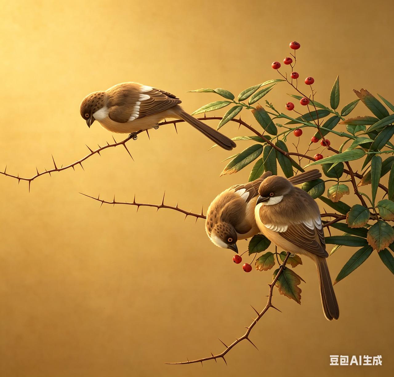 黄筌《长春花鸟册》：竹枝翎毛