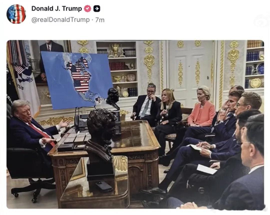 赤裸裸的吞并野心！特朗普发登上格陵兰岛图美国总统特朗普20日凌晨在社交媒体上发布