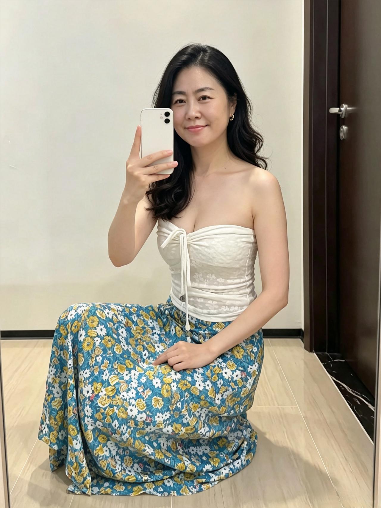 白抹衫衬碎花裙，蜷坐镜前拢鬓云。
蓝底繁花铺雅韵，嫣然一笑醉晨昏。