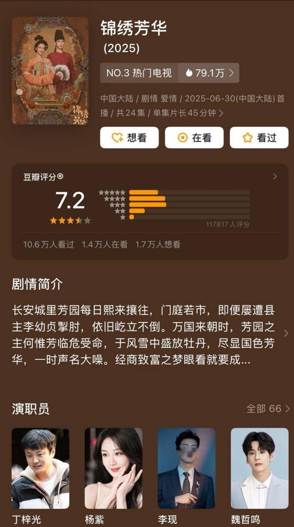 杨紫李现《锦绣芳华》豆瓣开分7.2，高了低了 ​​​