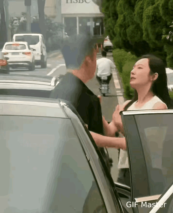 一对夫妻站在小车边上，两夫妻说着说着就吵起来了。妻子生气了。妻子抬手就给丈夫右边