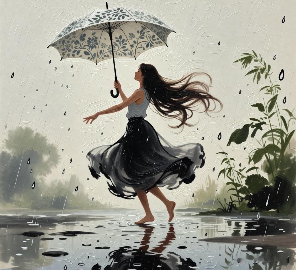 自己撑伞，
便学会了在雨中跳舞。

伞面展开，
像一朵倔强的花，
自己就是屋檐。