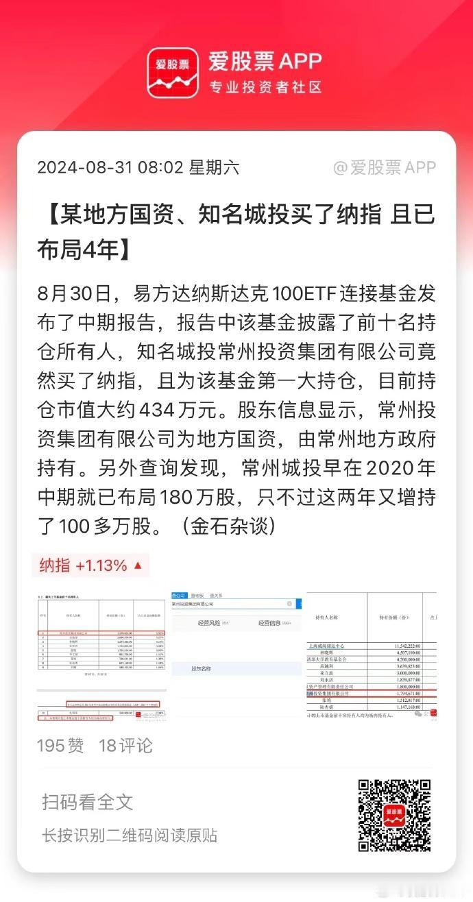 今天看到一个新闻，某地方国资竟然买了纳指，且为该基金第一大持仓，目前持仓市值大约