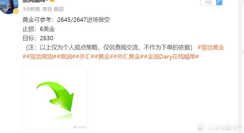 日内给到的黄金高位2647位置进场做空的提示，同时分析给到的黄金上方压力位265