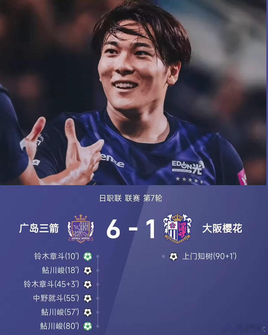 火力炸裂！广岛三箭6-1大胜大阪樱花，拿下胜利重回胜轨。26/27赛季日职联第7