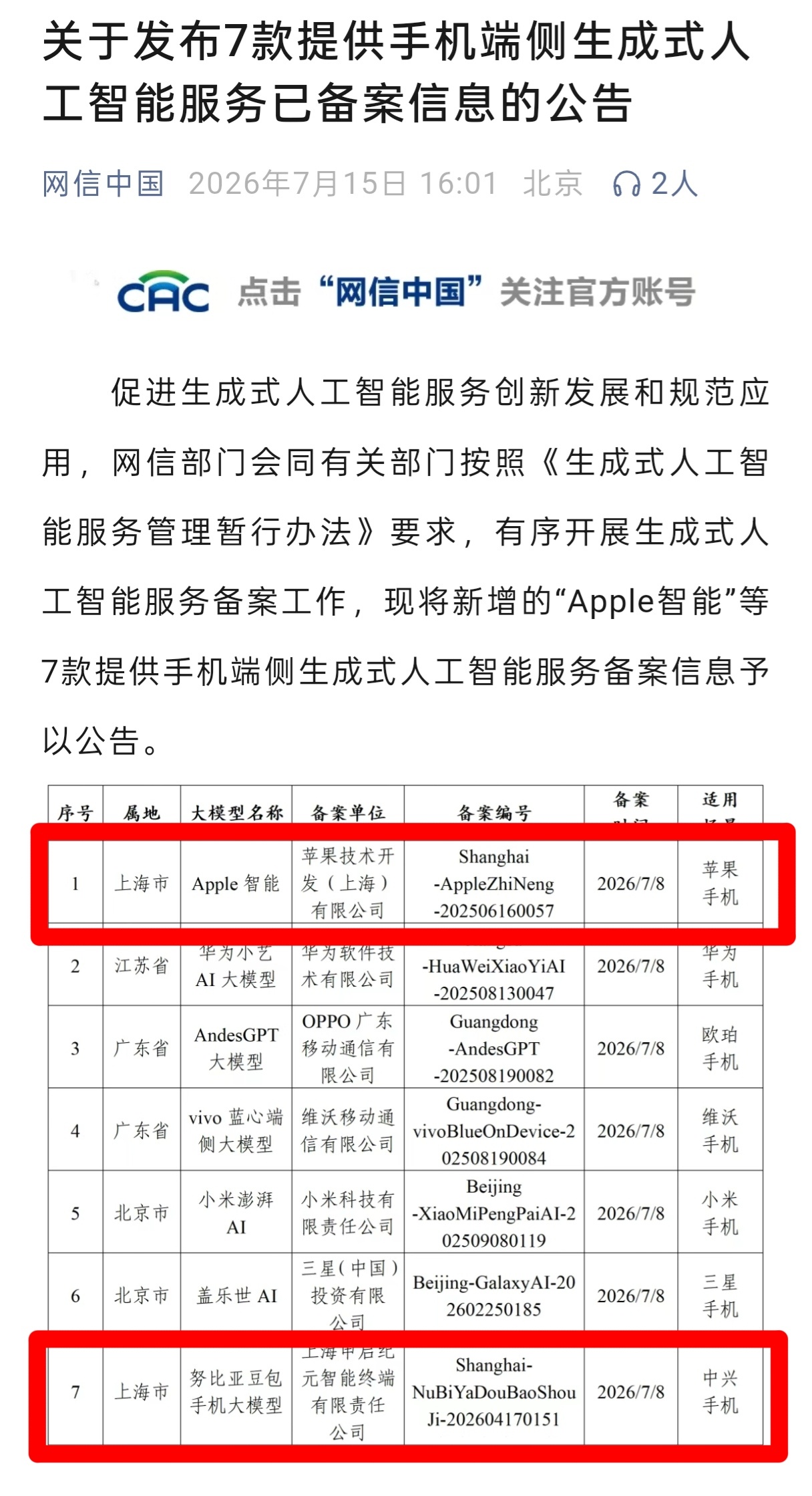 大新闻，国行Apple Intelligence要来了！刚刚，网信办发布了7款提
