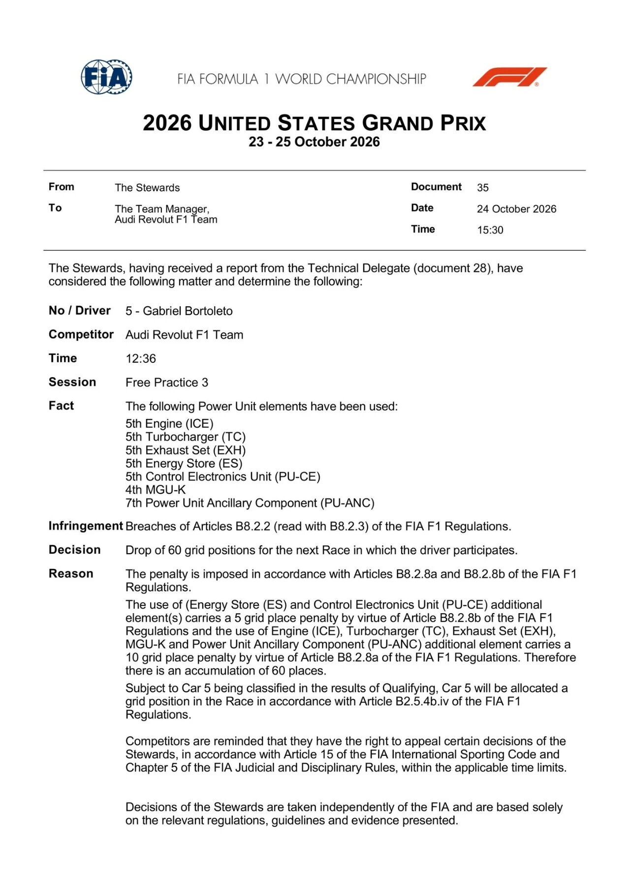 F12026年F1赛季2026F1美国大奖赛F1 美国站重磅处罚 博托莱托累计罚