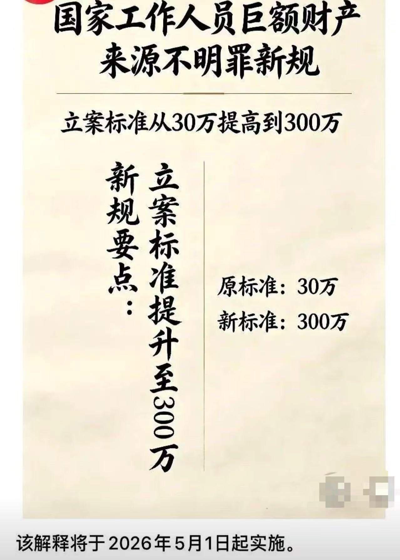 国家工作人员巨额财产来源不明立案从30万提至300万，民企挪用资金从6万降到3万