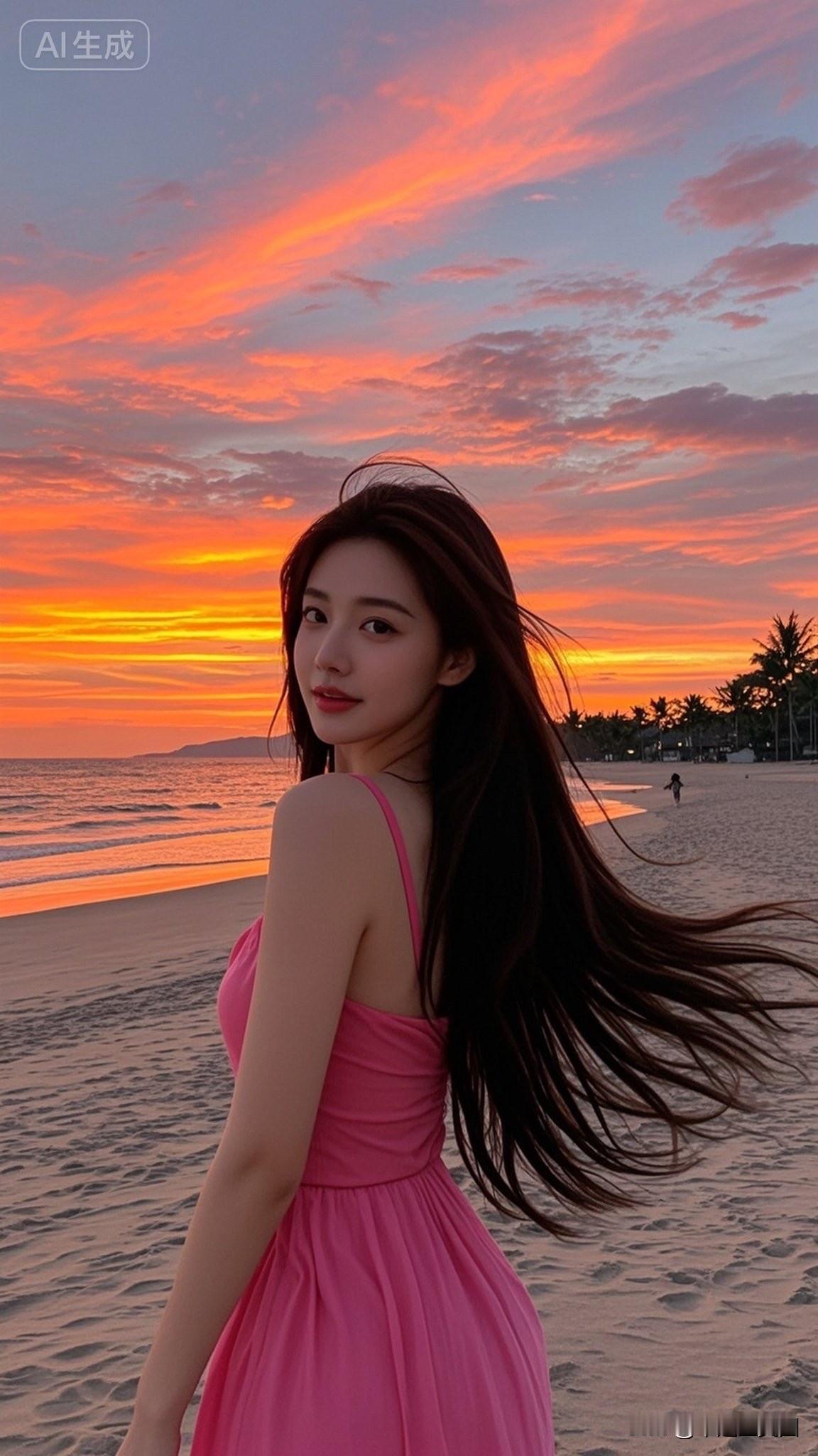 夕阳下的海边，粉裙少女，浪漫唯美。