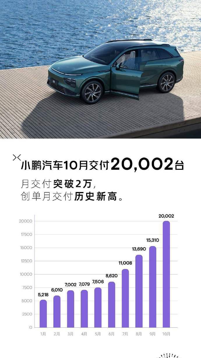 新能源汽车10月销量数据 不完全整理（排名部分先后，随机的。

小鹏 20,00