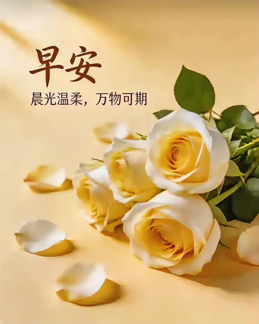 晨光吻过白玫瑰，温柔如你。早安，万物可期，今日也要闪闪发光呀！
来张早安图片