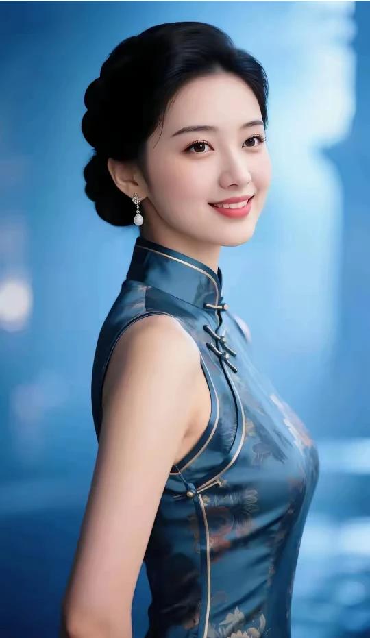 嫣然一笑百媚生，
旗袍雅韵沾风情。
东方旗袍，国风古韵。
贴身裁剪，凸显风情。