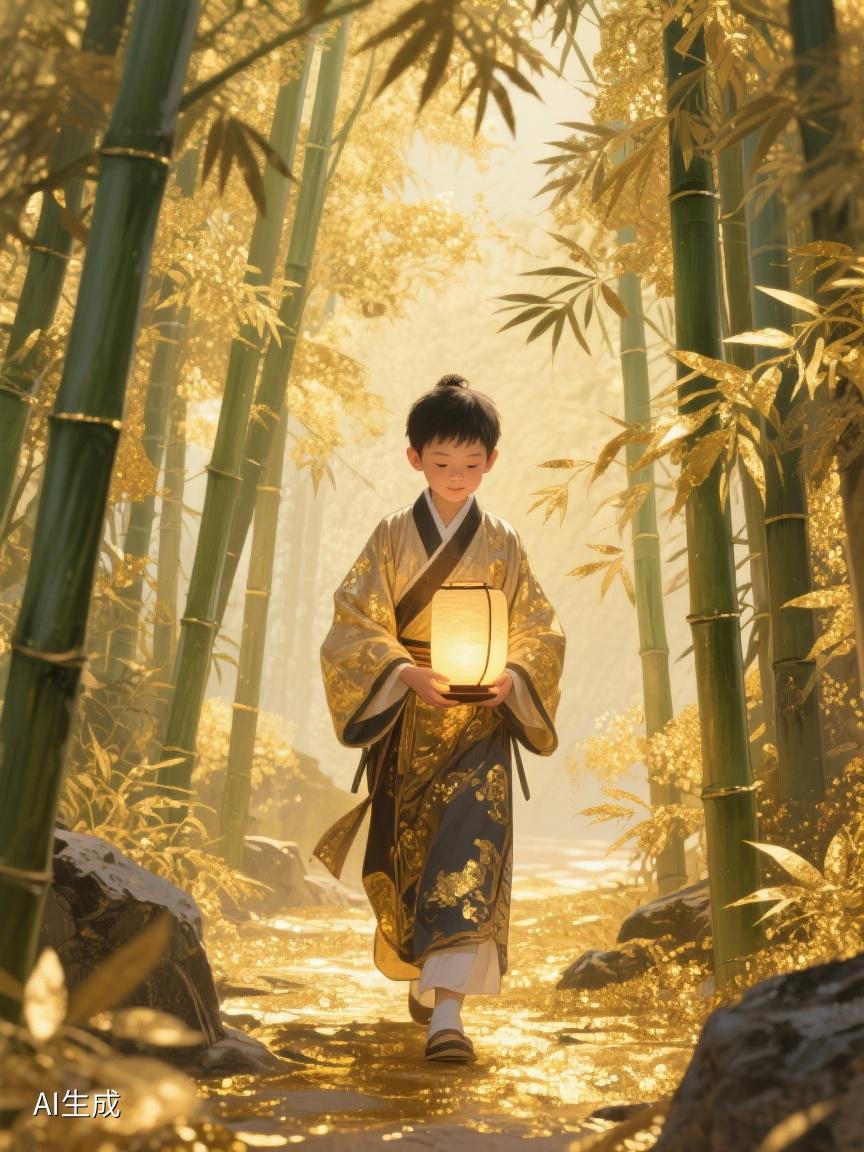AI妙生图在金色竹林间，手持一盏灯，探寻那未知的微光，仿若走进诗意的心灵幽径。