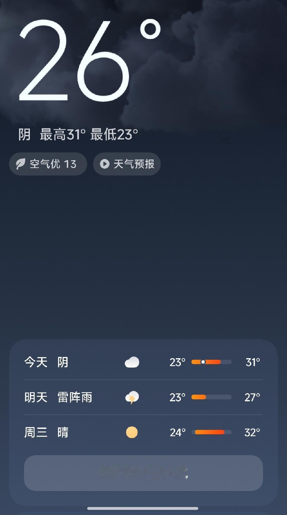 今日阴天，最高31°，最低23°，空气优13，明天雷阵雨，后天晴朗。