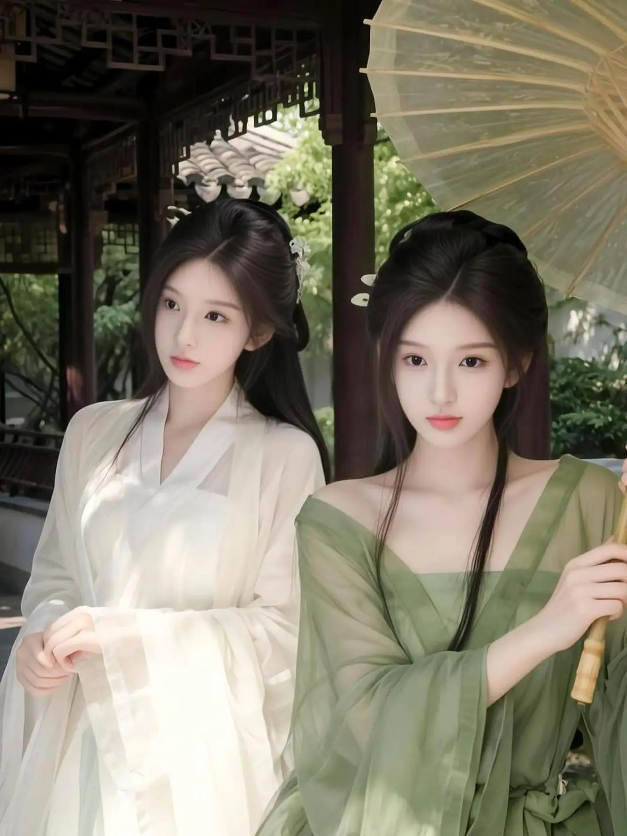 **《汉服双姝图》
当春日穿过月洞门，在青石板上投下菱花窗格的影子时，两位汉服少