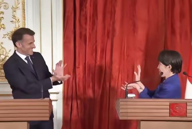 4月1日东京元赤坂的迎宾阁，高市早苗跟马克龙的联合记者会简直绝了。

两国首脑见