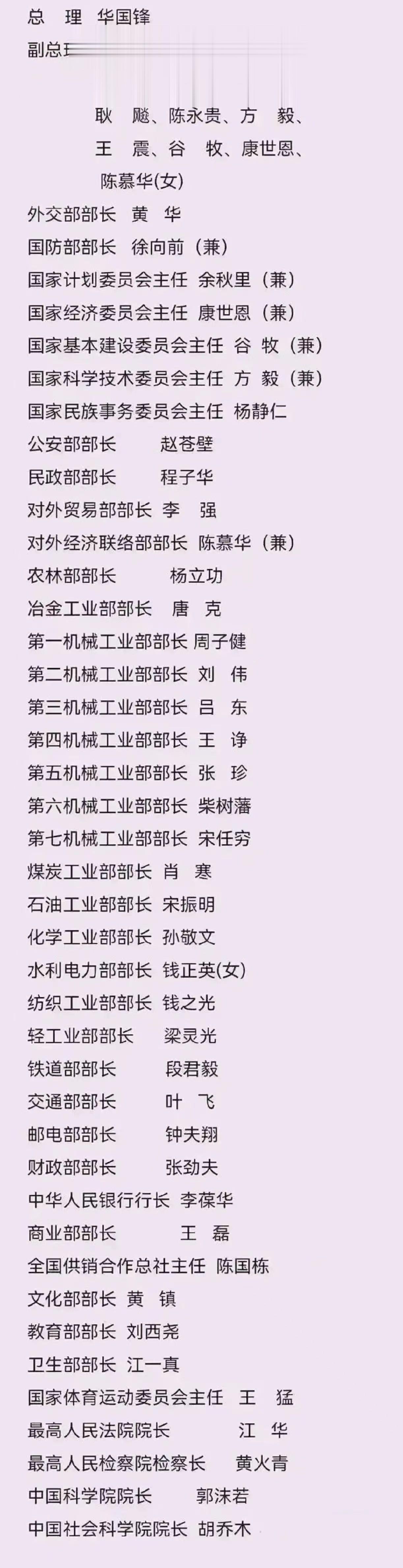 当时的总理：华国锋同志；

副总理邓小平、徐向前、陈永贵等；

国务院当时是有七