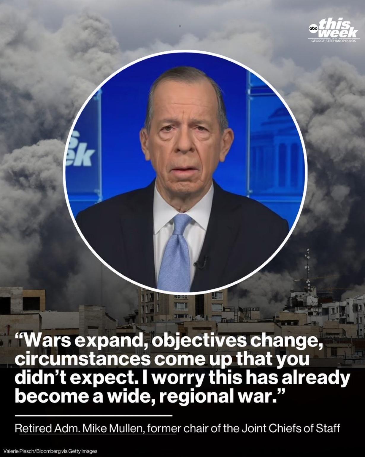 美国前参谋长联席会议主席、退役海军上将迈克·穆伦周日表示，他担心目前与伊朗的战争