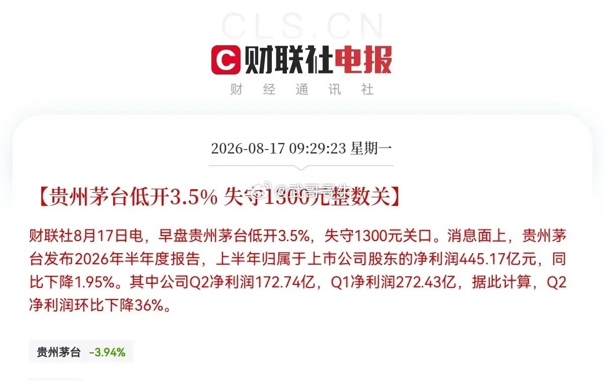 贵州茅台低开3.5%太惨了！茅台都扛不住了，跳空大低开！今天开盘又吓懵了，白酒龙