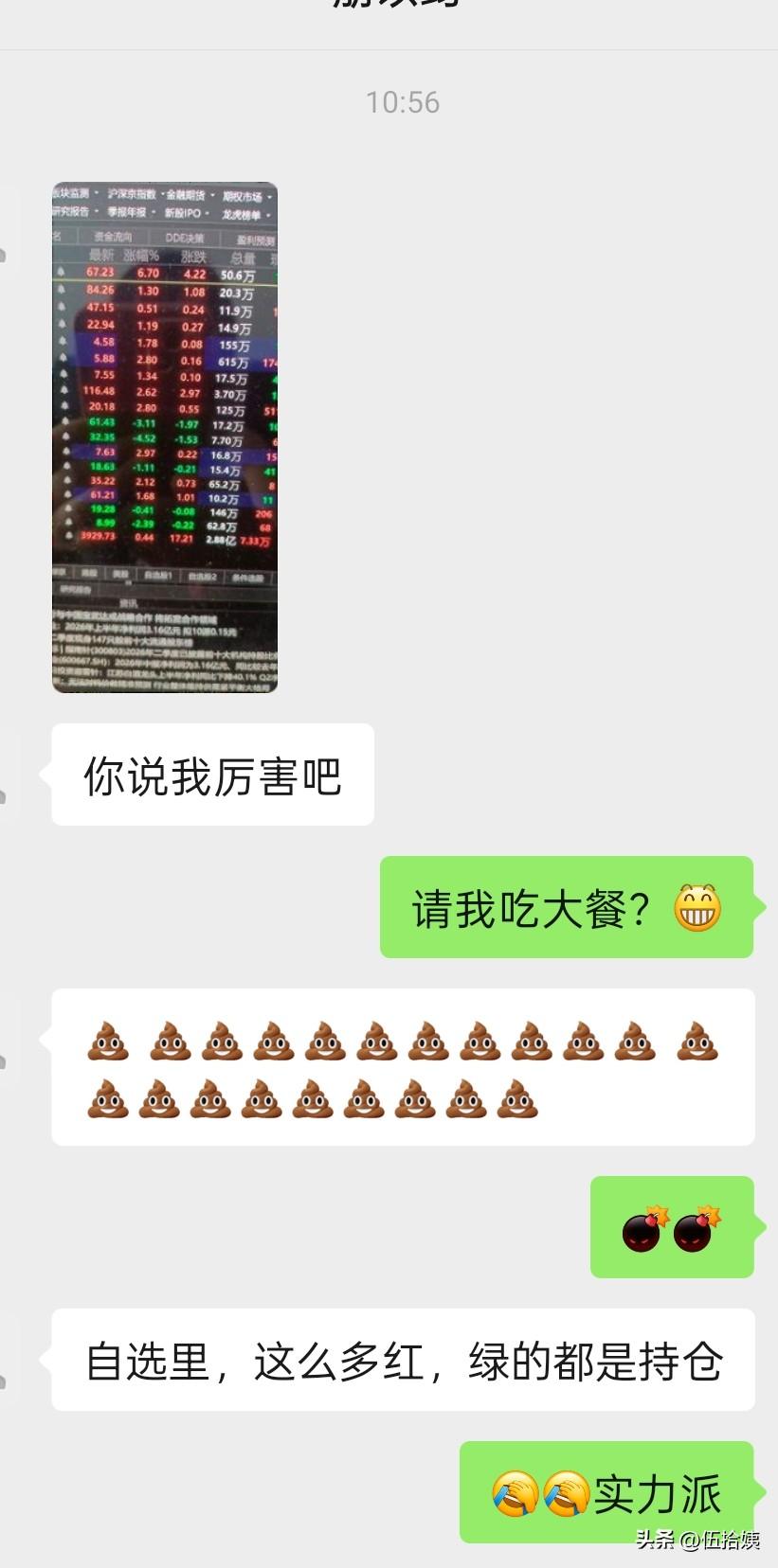 仔细看了下，自选股17支，5支绿，12支红。
我朋友太厉害了，这5支绿股，是她的