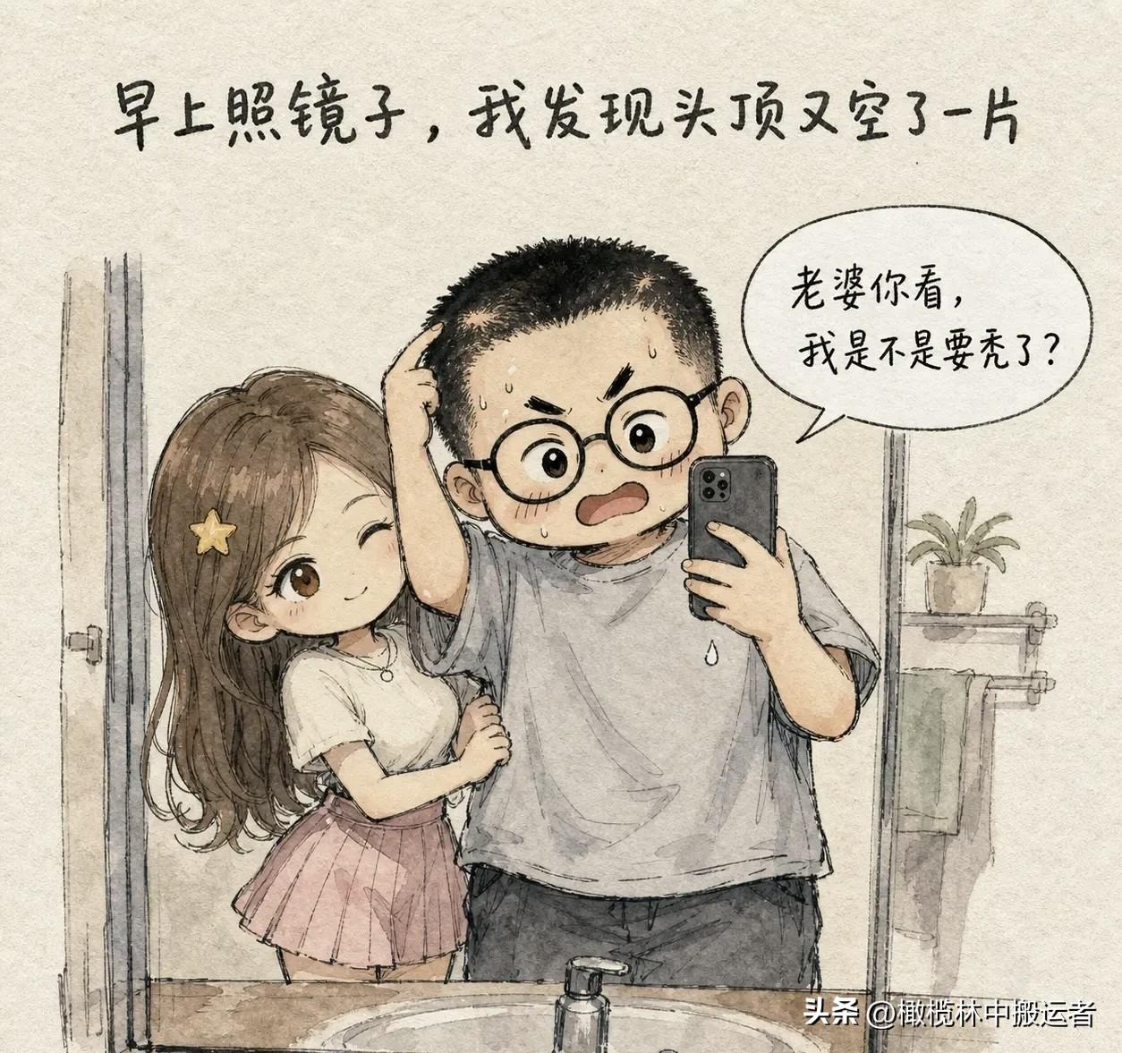 趣味漫画：早上照镜子我发现头顶又空了一片。老公：「老婆你看，我是不是要秃了？」她