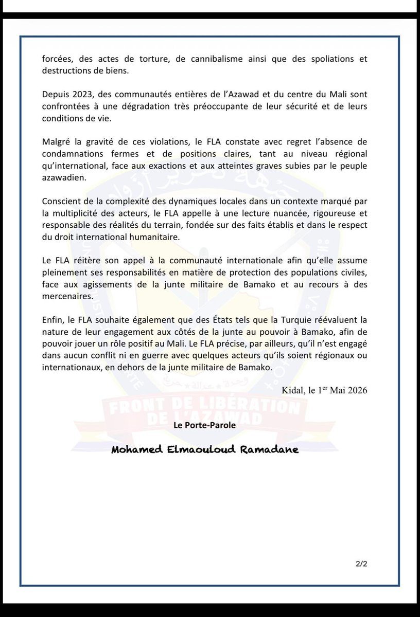 🇲🇱 “阿扎瓦德解放阵线”：“阿扎瓦德解放阵线”坚决否认一切恐怖主义相关指控