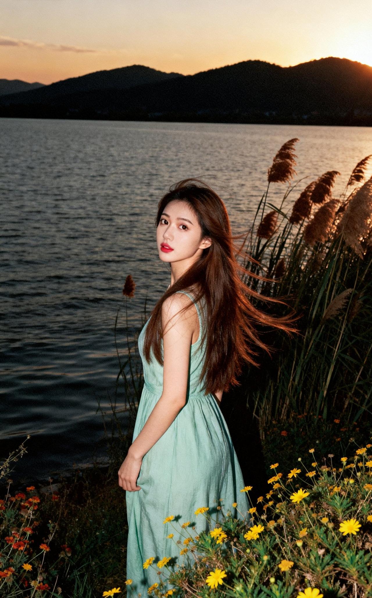 夕阳下的湖畔，温柔少女与自然相拥湖边温柔少女 湖畔美人照 落日湖畔拍照 给女生拍